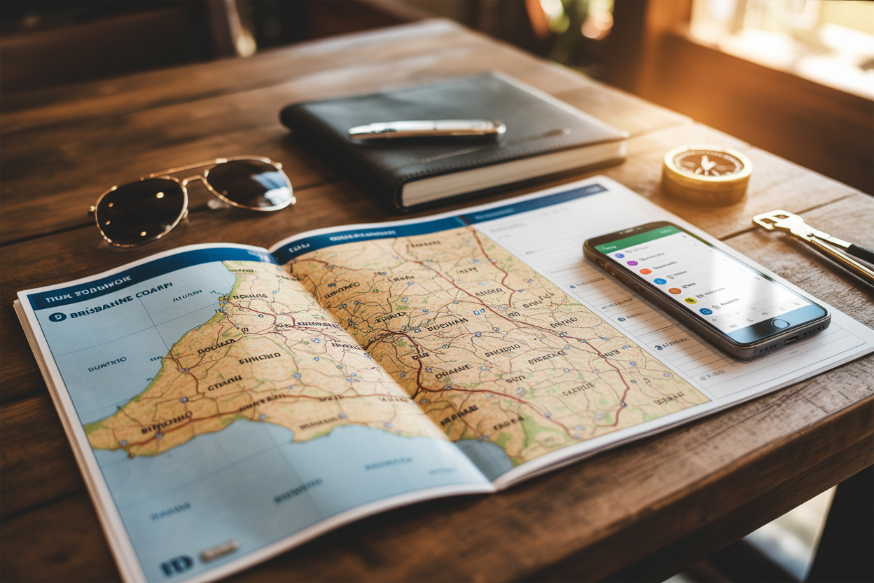 realistic image of an open travel map or planner spread on a wooden table showing a route from Brisbane to the Sunshine Coast, with a smartphone displaying a navigation app, a small compass, and a few travel essentials like sunglasses and car keys nearby, warm natural light streaming from the side, giving a sense of adventure and organized trip planning, Absolutely NO text should be in the scene.
