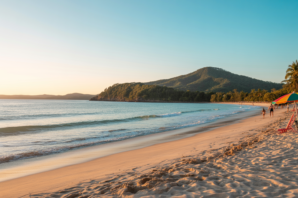 realistic image of the stunning Noosa Heads coastline in Queensland, Australia, featuring the iconic Main Beach with its calm turquoise waters, golden sandy shores, and lush green headland in the background, bathed in warm golden hour sunlight that creates a serene and inviting tropical atmosphere, with gentle waves lapping the shore and a few colorful beach umbrellas scattered along the sand, evoking the feel of a perfect holiday destination. Absolutely NO text should be in the scene.