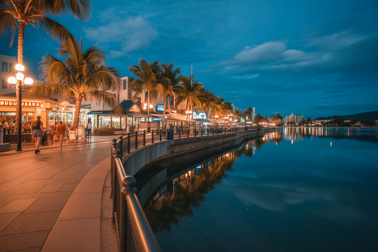 realistic image of a vibrant Mooloolaba Esplanade at night, with the beachfront strip glowing with warm restaurant and bar lights reflecting on the calm water, palm trees lining the promenade, and a lively yet relaxed coastal atmosphere, with a few people strolling along the waterfront in the background, soft golden and blue hues blending in the night sky, capturing the charming seaside nightlife of Mooloolaba on the Sunshine Coast. Absolutely NO text should be in the scene.