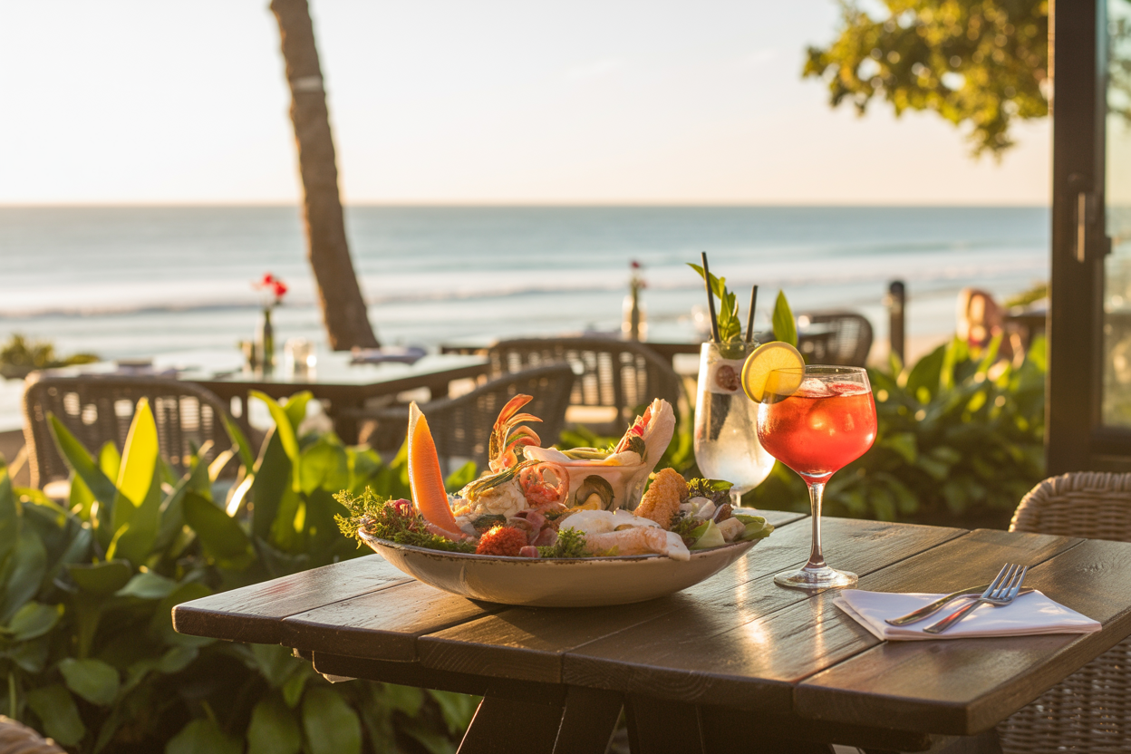 realistic image of a beautifully presented seafood platter and tropical cocktails on a rustic wooden table at an outdoor beachside restaurant on the Sunshine Coast, Australia, with a stunning ocean view in the background, warm golden sunlight casting a relaxed and inviting atmosphere, lush greenery framing the scene, and the gentle blur of a vibrant dining area with other tables visible in the background. Absolutely NO text should be in the scene.