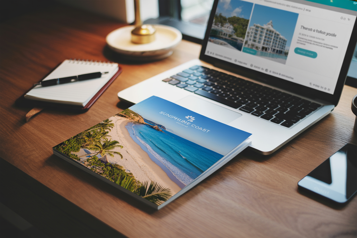 realistic image of a neatly arranged travel planning scene featuring a brochure or booklet displaying Sunshine Coast beach scenery alongside a luxury hotel, placed on a wooden desk next to a laptop showing a travel booking website, with a small notepad and pen nearby, warm and inviting lighting, suggesting careful trip planning, Absolutely NO text should be in the scene.