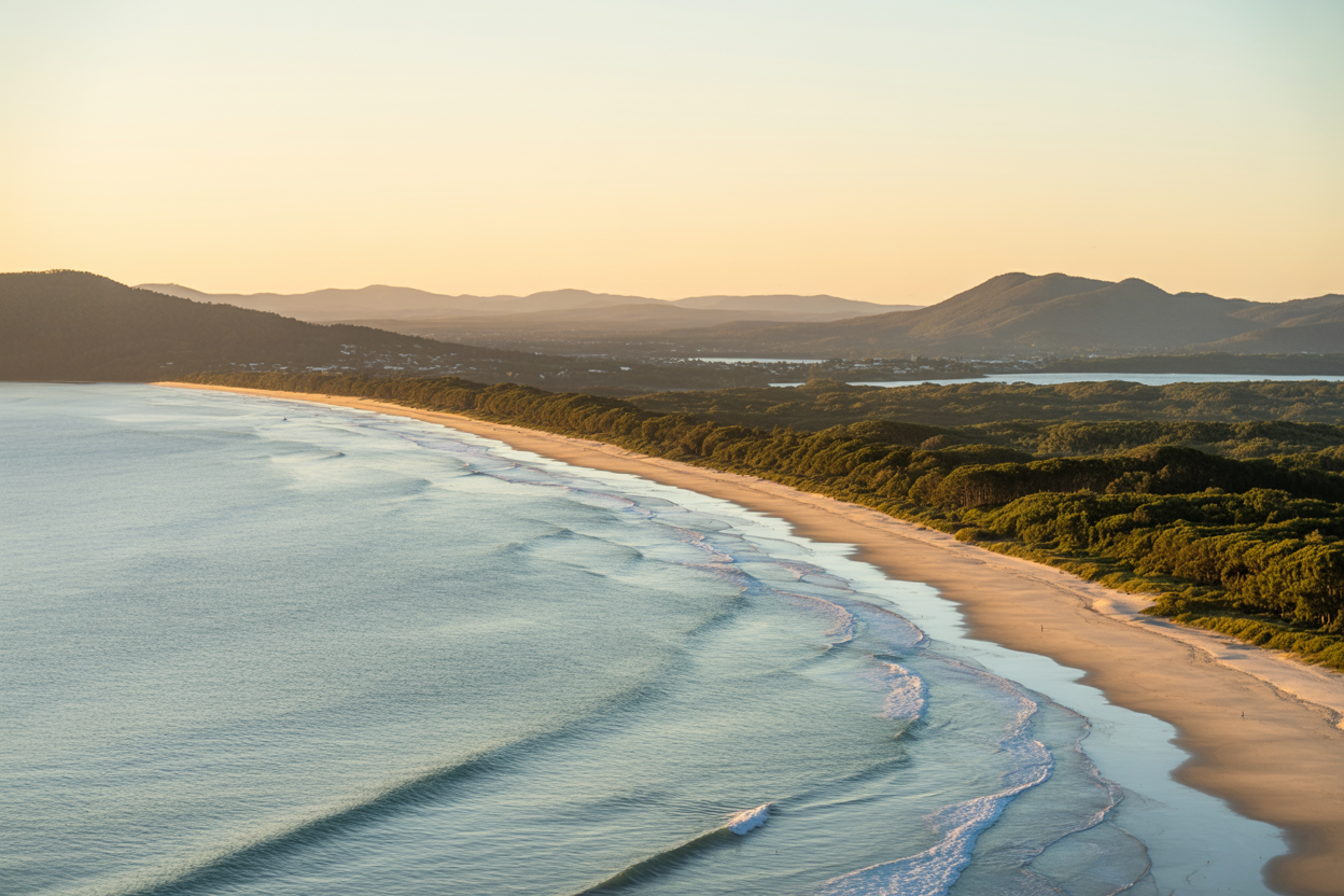 realistic image of a breathtaking panoramic view of the Sunshine Coast, Australia, featuring the golden sandy beach of Noosa Heads with calm turquoise waters in the foreground and lush green national park hills in the background, with a warm golden sunset casting a serene glow over the scene, evoking a sense of relaxation and fulfillment after a perfect coastal road trip, with a coastal town skyline subtly visible in the distance and gentle waves lapping the shore, creating an inviting and tranquil atmosphere that captures the essence of a memorable Queensland getaway. Absolutely NO text should be in the scene.
