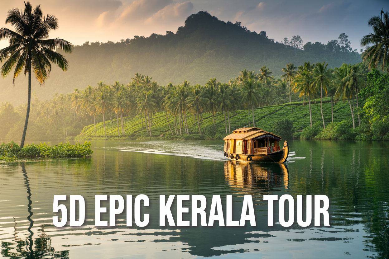 realistic image of a stunning Kerala landscape featuring a serene backwater scene with a traditional wooden houseboat gliding through calm green waters surrounded by lush palm trees, with a misty hill station in the background and vibrant tea plantations visible on the slopes, golden hour lighting casting a warm glow over the entire scene, reflecting peacefully on the water surface, with the bold text "5D Epic Kerala Tour" elegantly overlaid in the lower portion of the image in white letters with a subtle dark backdrop for readability.