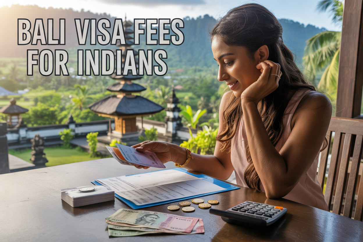 image of an Indian female traveler sitting at a wooden table with a Bali tropical background featuring lush greenery and traditional Balinese temple architecture, looking at a passport and visa documents spread on the table alongside Indian rupee currency notes and coins, with a small calculator nearby, warm golden natural lighting creating a travel planning mood, and bold text overlay reading "Bali Visa Fees for Indians" in a clean modern font placed at the top of the image.