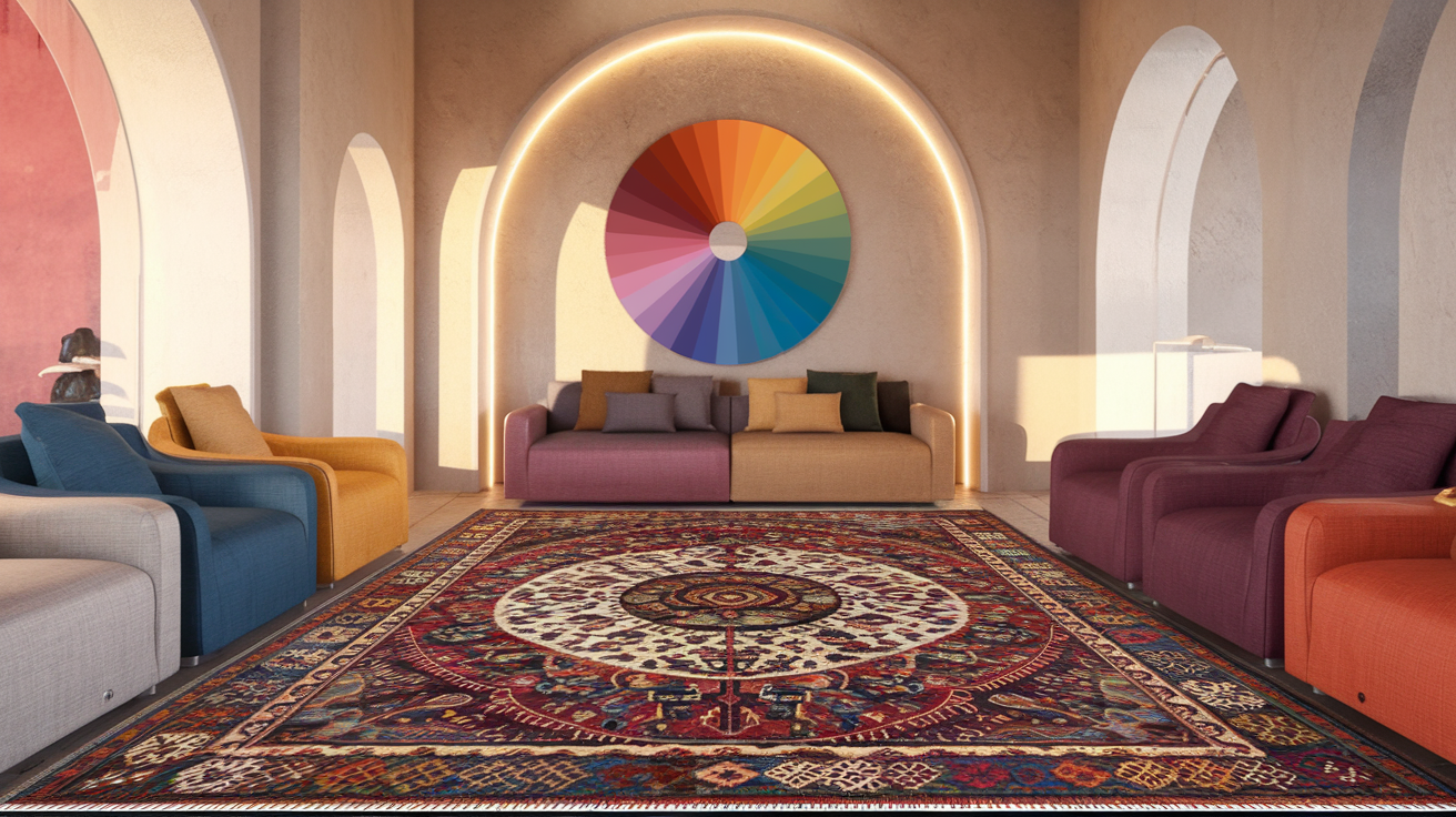 Create a realistic image of a stylish living room featuring a colorful oriental rug with intricate patterns at its center, showcasing how it perfectly complements the room's color palette with walls in a soft neutral tone, furniture in complementary colors, and the color wheel subtly incorporated as wall art, all bathed in warm natural lighting highlighting the rug's rich hues and textures.