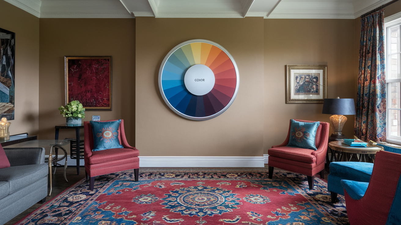 Create a realistic image of a well-lit living room featuring a color wheel and an oriental rug with complementary colors, showing how different hues interact in interior design, with decorative elements like throw pillows, art pieces, and furniture arranged to demonstrate color harmony, balance, and contrast principles in a sophisticated home setting.