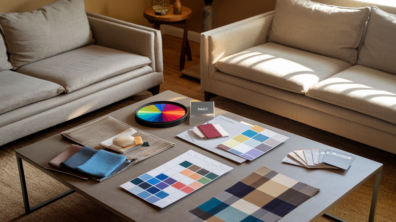Create a realistic image of a living room interior with a neutral-colored sofa and walls, where a color wheel and fabric swatches are laid out on a coffee table, alongside paint chips and material samples, with warm natural lighting highlighting different color zones in the room, demonstrating how to identify an existing color scheme before selecting an oriental rug.