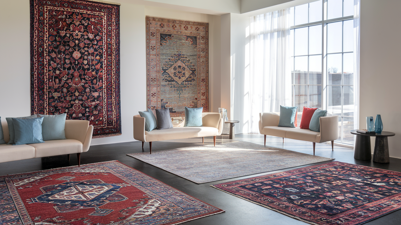 Create a realistic image of a stylish living room featuring three Oriental rugs with different color schemes - one with rich red and blue traditional patterns, one with soft neutral tones, and one with vibrant jewel tones - arranged in a modern space with contemporary furniture, showing how diverse color palettes in Oriental rugs can complement various interior design styles.