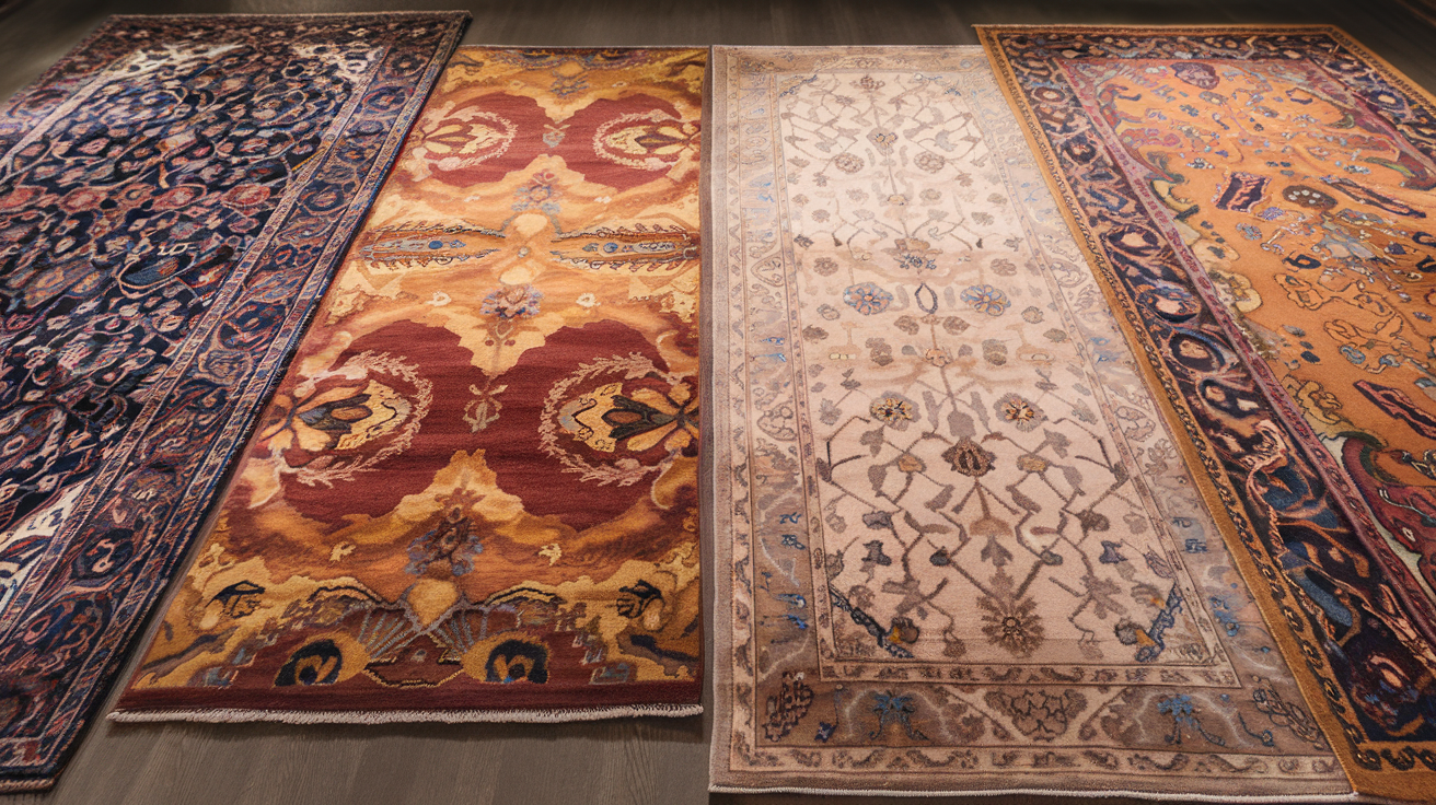 Create a realistic image of an elegant room display with four distinct Oriental rugs arranged side by side, each representing different regional styles (Persian, Turkish, Chinese, and Indian) with their signature color palettes - the Persian with deep reds and blues, Turkish with warm oranges and yellows, Chinese with soft pastels and ivory, and Indian with vibrant jewel tones - all displayed on a neutral hardwood floor with subtle lighting highlighting the intricate patterns and color variations of each rug style.
