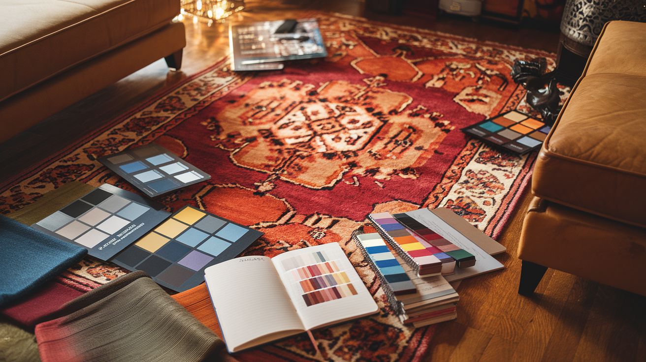 Create a realistic image of a stylish living room interior with an elegant Oriental rug as the focal point, showing color swatches and fabric samples arranged around it, demonstrating color coordination between the rug, furniture, and wall colors, with a designer's notebook open displaying color palette sketches and matching techniques, all in warm natural lighting highlighting the rug's intricate patterns and complementary color relationships.