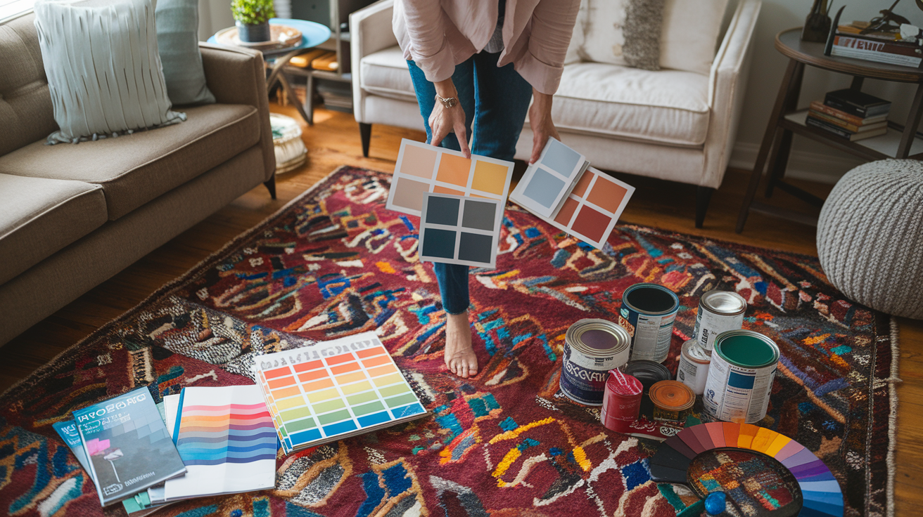 Create a realistic image of a cozy living room with a mismatched color scheme, showing a woman with color swatches and fabric samples standing near an Oriental rug, visibly troubleshooting how to integrate the rug's bold patterns with the room's existing color palette, with paint cans, design magazines, and color wheels visible nearby to illustrate the color challenge being addressed.