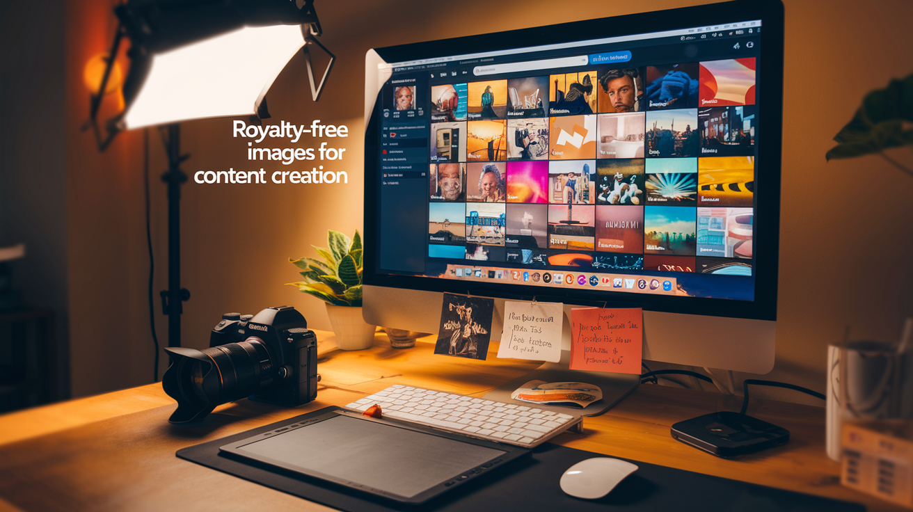 Create a realistic image of a content creator's workspace with a computer screen displaying YouTube's interface alongside a grid of high-quality royalty-free stock images being selected, with a digital camera and graphics tablet nearby, under warm professional lighting, with the text 