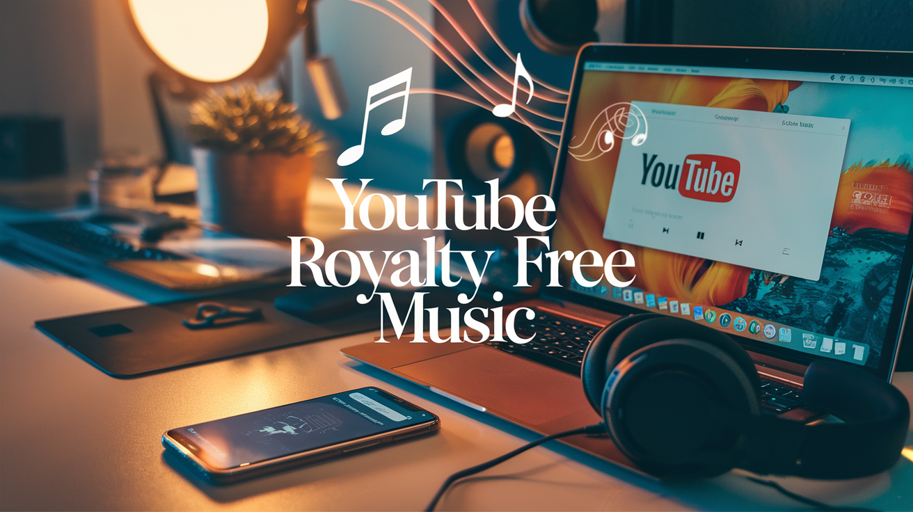 Create a realistic image of a content creator's workspace with a laptop displaying YouTube's interface, headphones resting nearby, and musical notes floating above the screen, alongside a smartphone showing a royalty-free music library app, all bathed in warm, creative lighting with the text