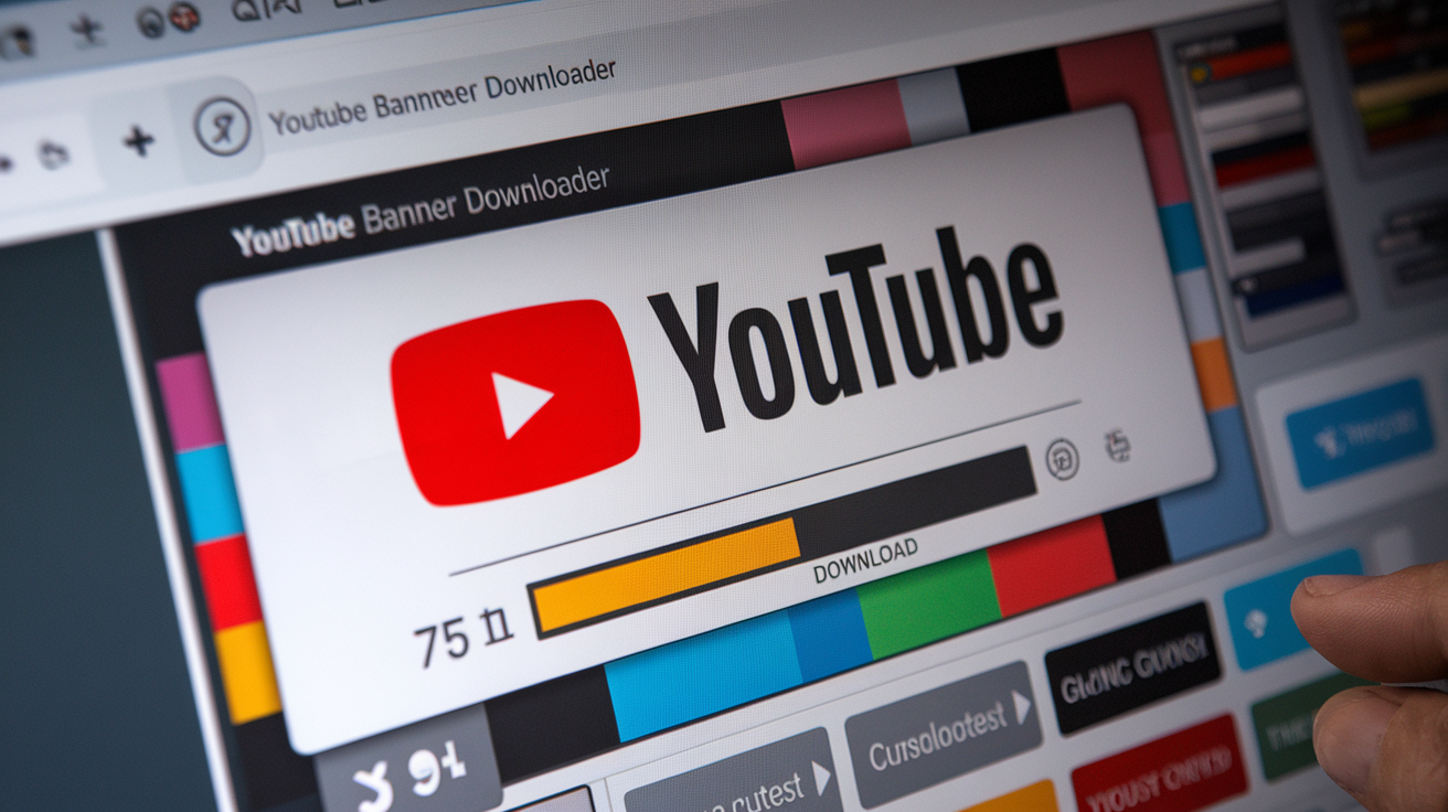 Create a realistic image of a YouTube channel banner being downloaded on a computer screen, showing a colorful, professional banner with the YouTube logo in the corner, download progress bar at 75%, and a mouse cursor hovering over the download button. The screen should display various banner templates and sizing guides in the background with the text