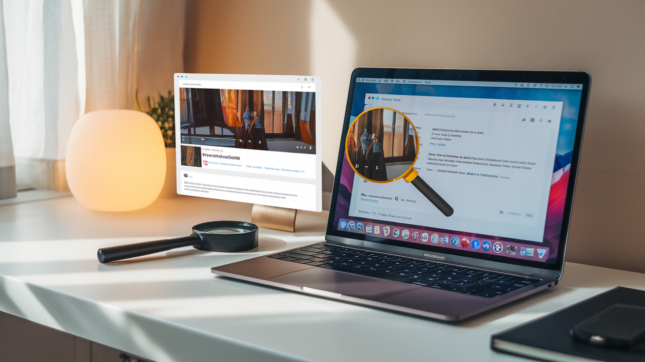 Create a realistic image of a computer screen displaying a YouTube video player with a visible description box below it, alongside a digital extraction tool interface showing the same description being pulled out, with a magnifying glass hovering over the text to symbolize the extraction process, all set against a clean, modern workspace with soft lighting highlighting the screen.