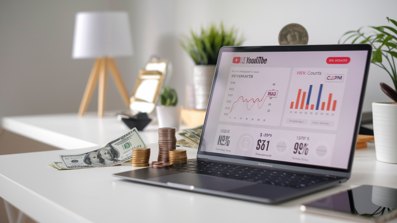 Create a realistic image of a smartphone or laptop screen displaying a YouTube Money Calculator interface with graphs showing revenue estimates, view counts, and CPM rates, alongside a few dollar bills and coins scattered nearby, with the calculator showing potential earnings from video views, all on a clean desk setting with soft, professional lighting, and the text