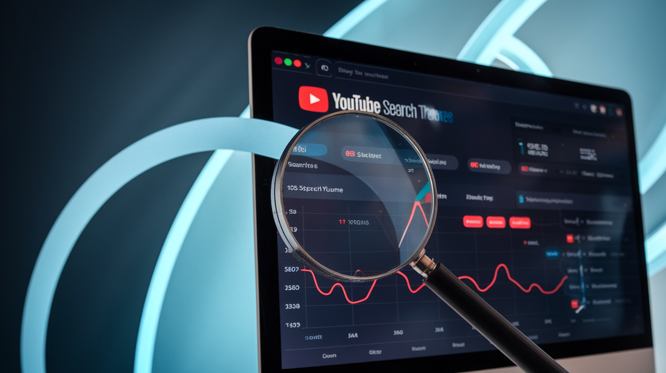 Create a realistic image of a computer screen displaying a YouTube search trends analyzer dashboard with graphs showing search volume trends, popular keywords highlighted in red, and a magnifying glass hovering over the screen, all against a sleek dark background with soft blue digital elements to convey data analysis.