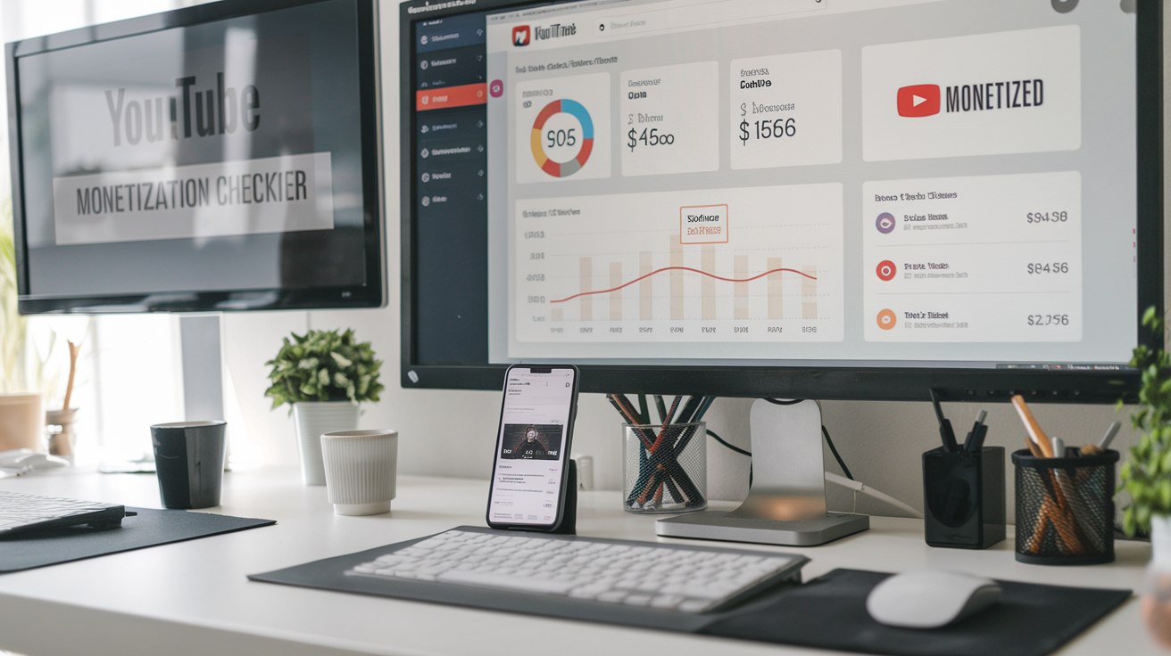 Create a realistic image of a professional-looking YouTube analytics dashboard showing monetization metrics with dollar signs, revenue graphs, and a 