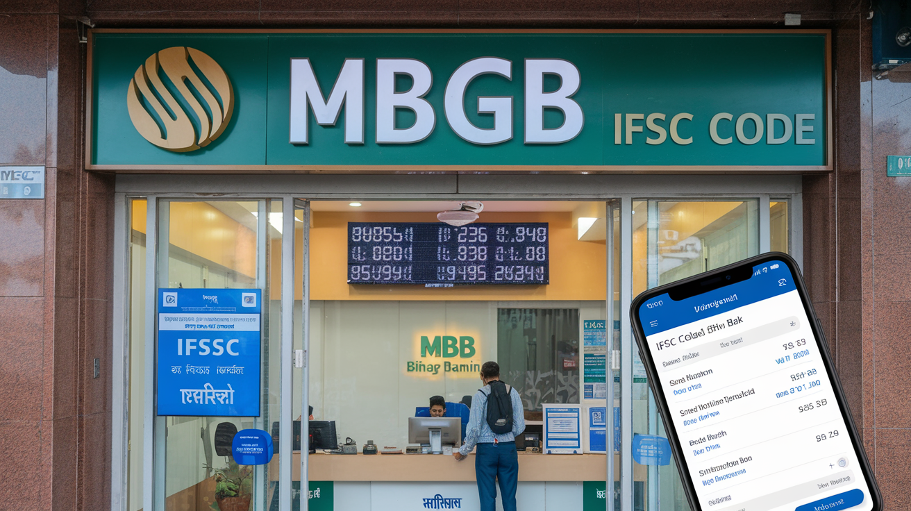 Create a realistic image of a Madhya Bihar Gramin Bank branch office with its prominent sign displaying "MBGB" and "IFSC Code" visible, showing a banking counter with staff assisting customers, a digital display board showing IFSC codes, and a smartphone in the foreground displaying a banking app with IFSC code details.