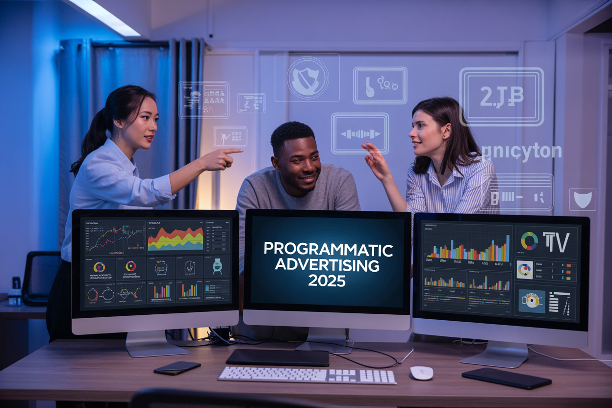 Create a realistic image of a modern digital advertising workspace with multiple computer monitors displaying colorful data analytics dashboards, campaign performance graphs, and connected TV advertising metrics, featuring a diverse team of three media buyers - one Asian female, one Black male, and one white female - collaborating around the screens, with floating holographic elements showing AI optimization symbols, privacy shield icons, and real-time data streams, set in a sleek contemporary office with blue and purple ambient lighting, including the text "Programmatic Advertising 2025" prominently displayed on the largest monitor screen.