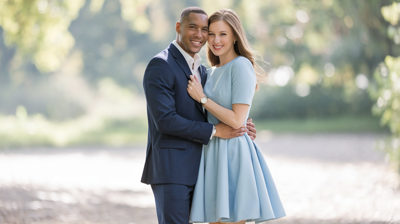 Create a realistic image of a happy interracial couple - a black man and a white woman - standing close together, both elegantly dressed for an engagement photoshoot, with the man wearing a navy blue suit with subtle accessories that complement the woman's knee-length light blue dress, photographed in a bright natural setting with soft background bokeh, showing how couples can coordinate their engagement outfits without matching exactly.