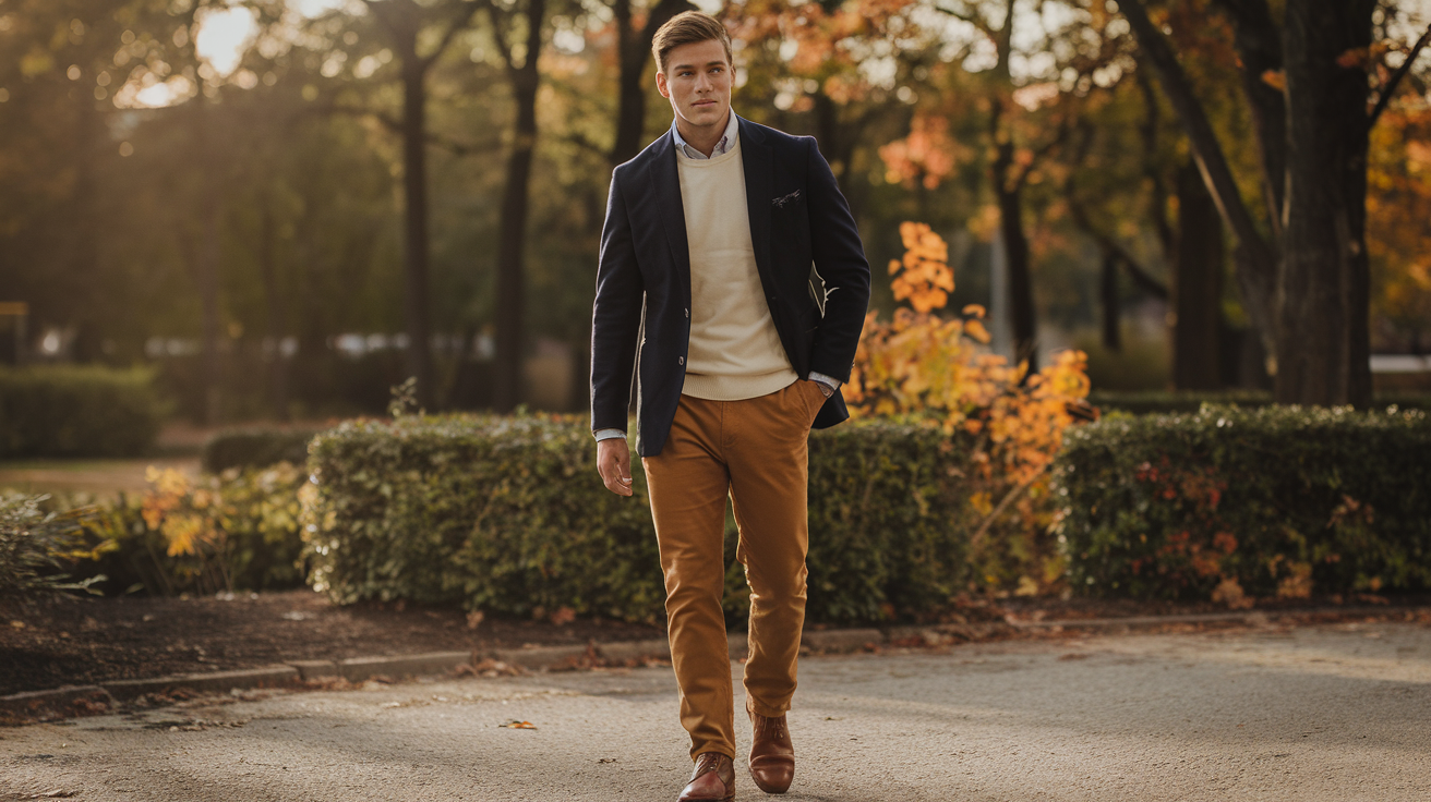 Create a realistic image of a young white male model wearing a stylish autumn engagement outfit, featuring a tailored navy blazer over a cream sweater, with tan chinos and brown leather shoes, standing confidently in a park with fall foliage in the background, soft golden hour lighting highlighting his well-groomed appearance.