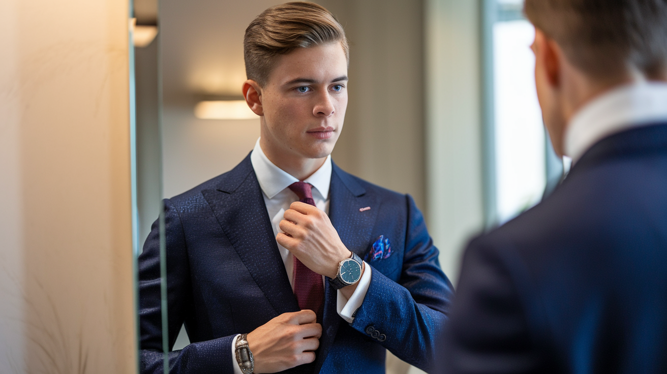 Create a realistic image of a well-dressed young white male adjusting his tie in front of a mirror, wearing a stylish navy blue suit with subtle patterns, crisp white shirt, and burgundy tie, showcasing engagement outfit styling tips with elegant accessories like a watch and pocket square, in a sophisticated setting with soft, natural lighting highlighting the details of his outfit.