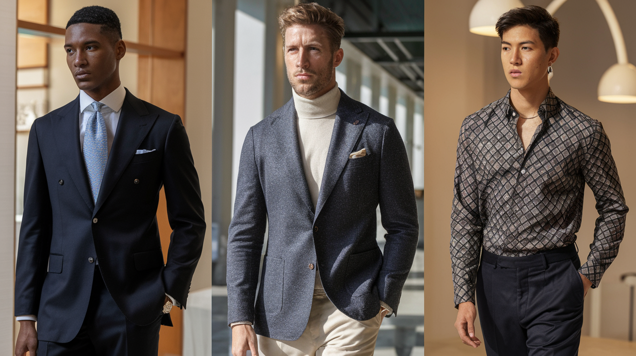 Create a realistic image of three male models (one Black, one White, one Asian) standing side by side showcasing different engagement outfit styles - one in a classic navy suit with light blue tie, one in a sophisticated casual outfit with textured blazer and chinos, and one in a trendy semi-formal look with patterned shirt and tailored pants, all photographed in a well-lit modern setting with soft, natural lighting highlighting the details and textures of each outfit.