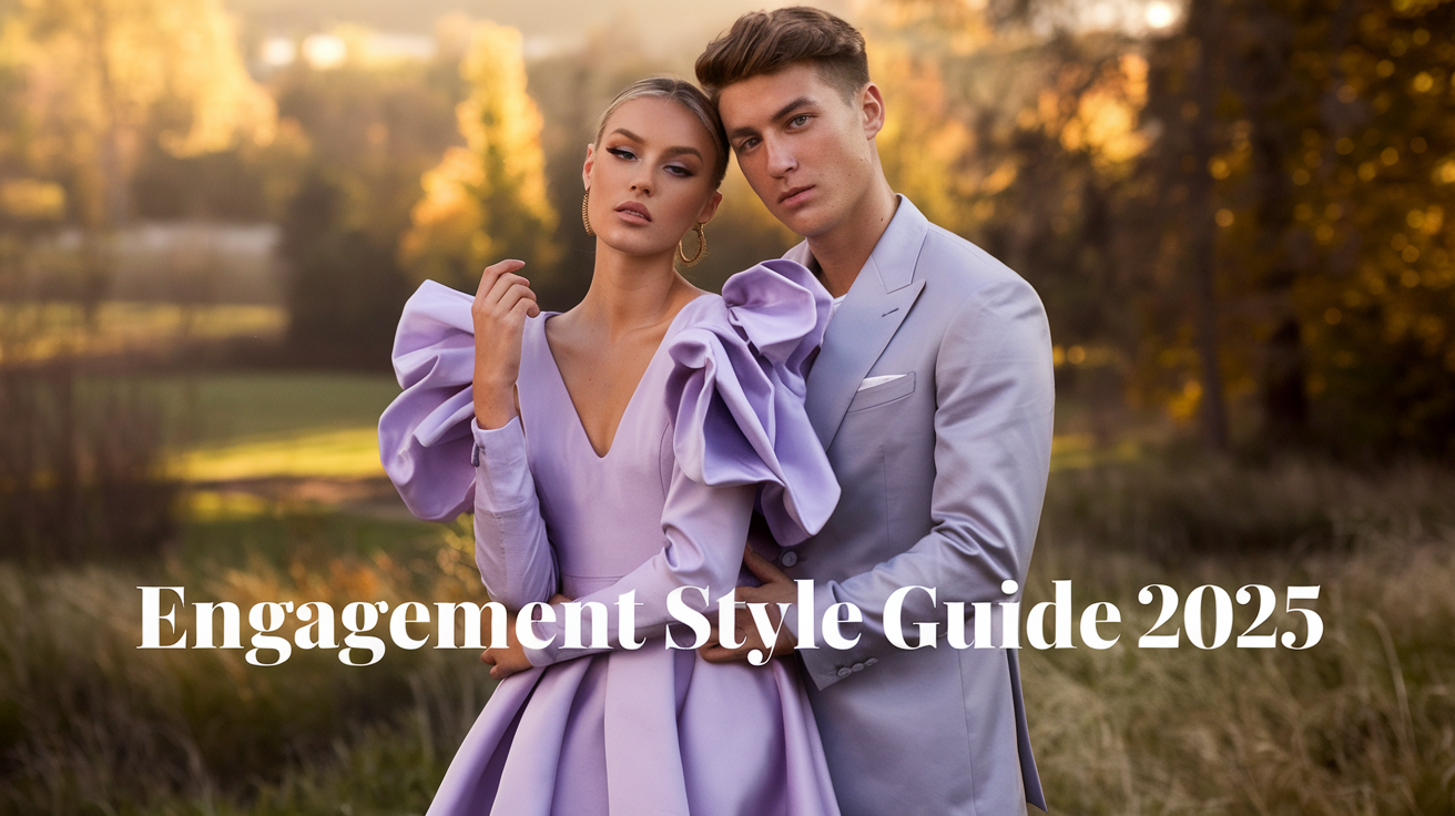 Create a realistic image of a stylish young couple (Black female and White male) in elegant engagement outfits for 2025, with the woman wearing a modern lavender dress with statement sleeves and the man in a complementary light gray suit, posing naturally in a scenic outdoor autumn setting with soft golden-hour lighting, text overlay reads "Engagement Style Guide 2025".