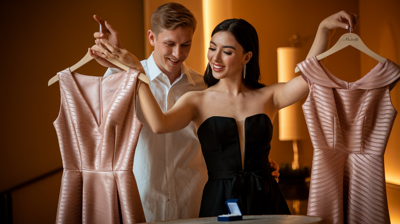 Create a realistic image of a young couple (one white male and one black female) in an elegant setting, joyfully trying on formal attire for their engagement, with the woman holding up two different stylish dresses while looking thoughtful, warm lighting highlighting the importance of their choice, with a small ring box visible on a nearby table, conveying the significance of dressing for this special milestone.