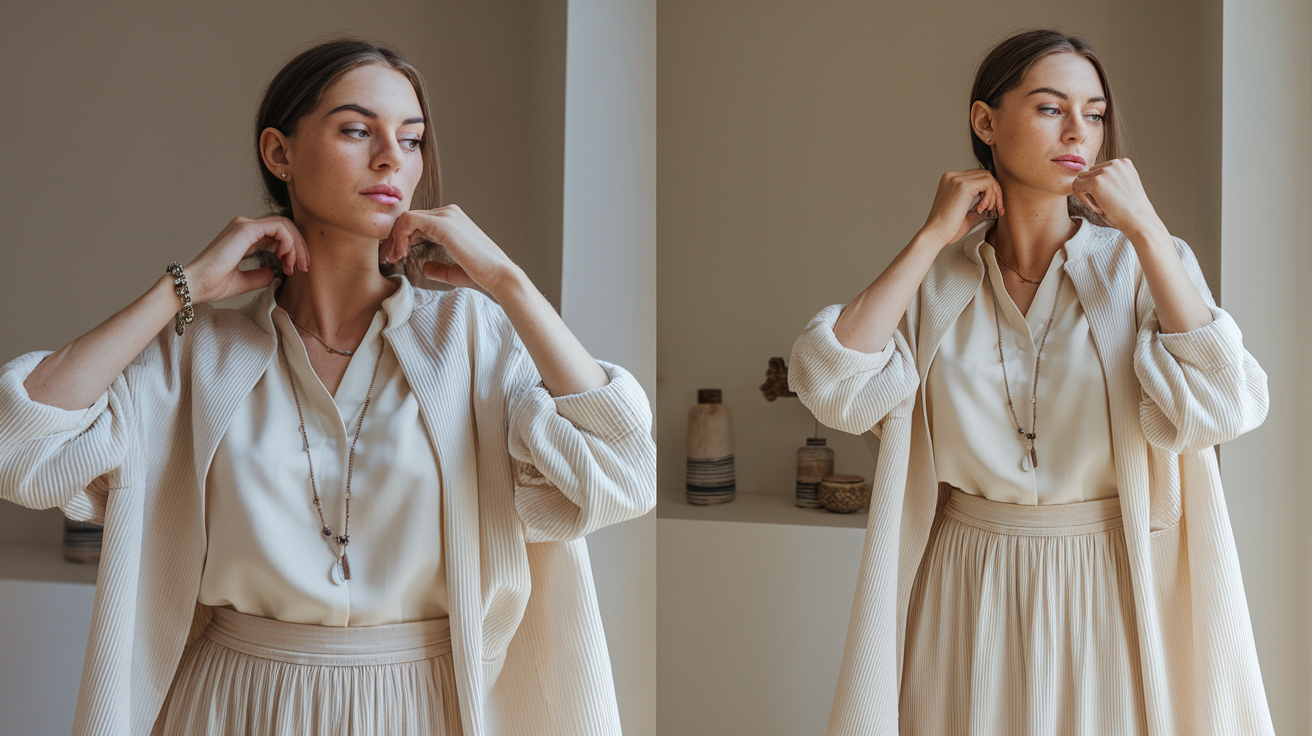 Create a realistic image of a stylish white female in her 20s trying on a cream-colored outfit in natural lighting against a neutral background, showcasing how different color palettes photograph beautifully for engagement photos, with soft golden hour sunlight streaming through a window highlighting the fabric texture and complementary accessories.
