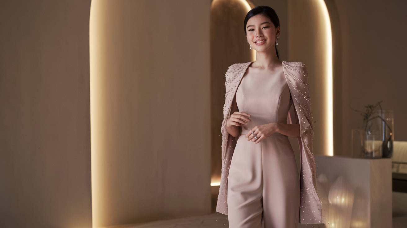 Create a realistic image of a young Asian female model wearing a modern engagement outfit for 2025, featuring a sleek jumpsuit with subtle embellishments, standing in an elegant venue with soft lighting, looking confident and happy, with a sparkly engagement ring visible on her finger, surrounded by minimalist decor in trending pastel colors that complement the outfit's aesthetic.
