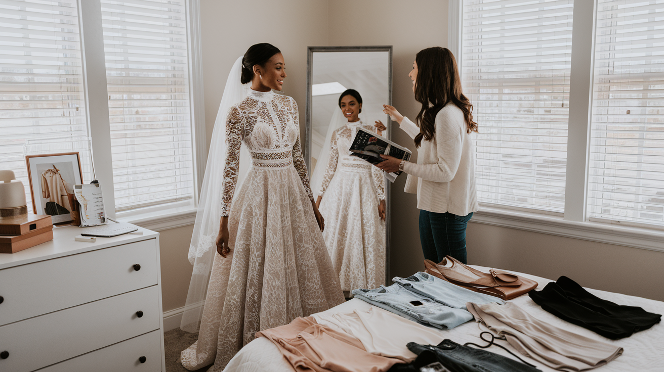 Create a realistic image of a well-organized wardrobe setup with a black female trying on an elegant engagement outfit, her friend holding a fashion magazine offering advice, multiple outfit options laid out on a bed, a full-length mirror, a smartphone showing outfit inspiration, good natural lighting streaming through windows, and a small notepad with checklist visible on dresser.