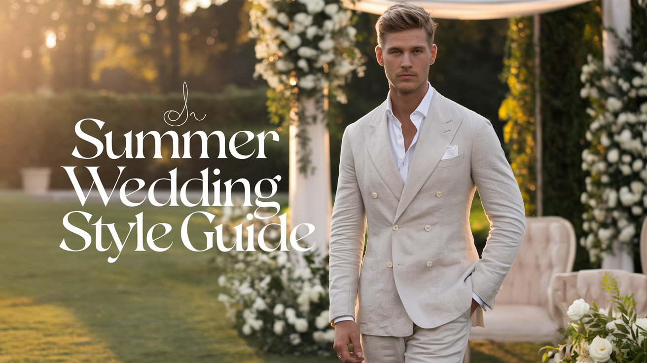 Create a realistic image of a handsome white male model wearing a light beige linen suit with a crisp white shirt, standing confidently at an elegant outdoor summer wedding venue with lush greenery and white floral decorations in the background, bathed in warm golden-hour sunlight, with text overlay "Summer Wedding Style Guide" in an elegant font.