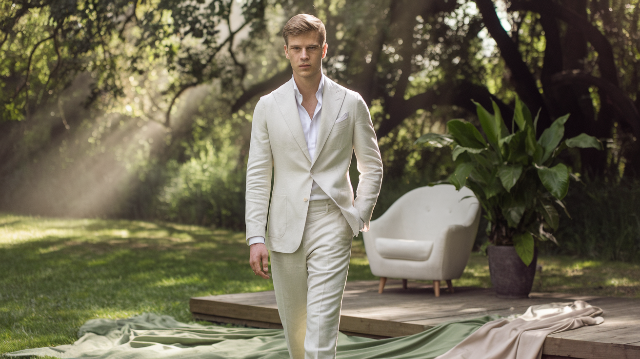 Create a realistic image of a white male model wearing a light beige linen suit with a crisp white shirt, no tie, at an outdoor summer wedding venue with lush greenery and soft sunlight filtering through trees, showcasing the breathable and elegant nature of linen attire perfect for warm weather formal events.