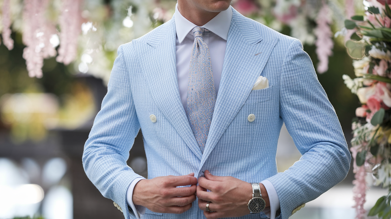 Create a realistic image of a white male model wearing a light blue seersucker suit with a white dress shirt and pastel tie at a summer wedding, standing confidently outdoors with soft natural lighting, showing how the breathable fabric resists wrinkles and heat while maintaining a polished appearance, with blurred wedding decorations in the background.