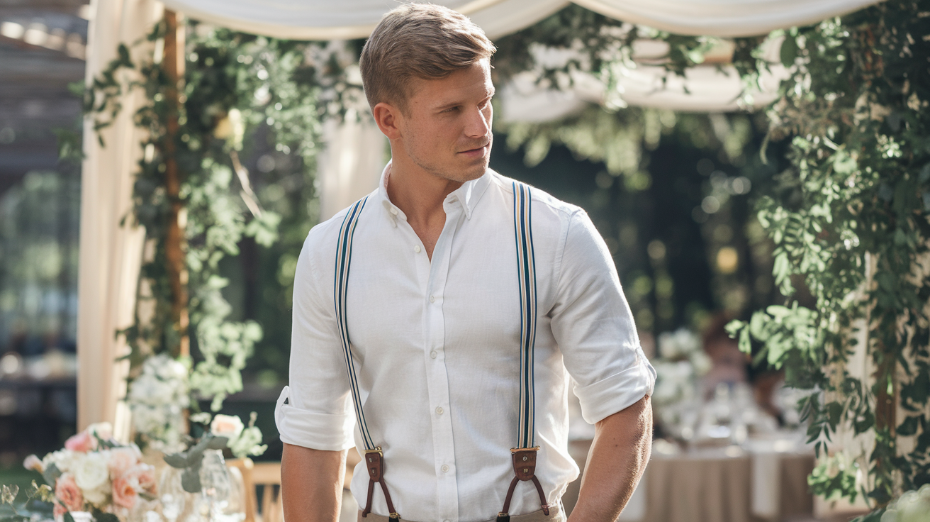 Create a realistic image of a handsome white male model wearing a crisp white button-down shirt with rolled-up sleeves, paired with classic suspenders, standing in a sunny outdoor summer wedding venue, with vintage-inspired styling, soft natural lighting highlighting the elegant yet relaxed outfit, surrounded by summery wedding decorations and greenery.