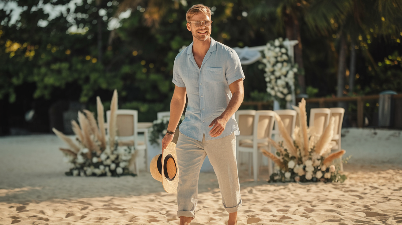 Create a realistic image of a smiling white male model in his 30s walking barefoot on a beach, wearing light beige linen pants rolled up at the ankles, an untucked light blue short-sleeve button-up shirt, and stylish sunglasses, with a straw hat in hand, against a backdrop of a summer beach wedding setup with white chairs and floral decorations, under warm golden hour lighting.
