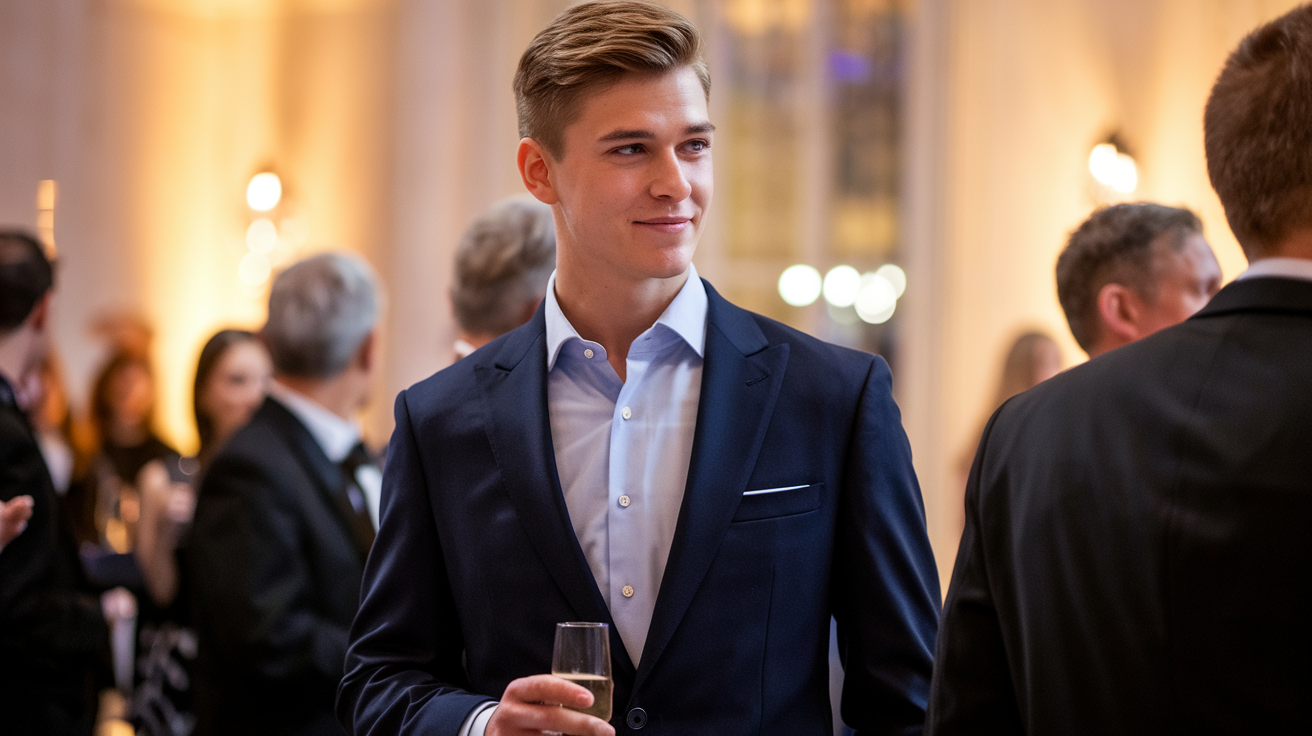 Create a realistic image of a handsome young man in his mid-twenties wearing a perfectly tailored navy blue suit with a light blue dress shirt, standing confidently with a slight smile in what appears to be an elegant indoor farewell event setting with soft ambient lighting, holding a glass of champagne, with other well-dressed guests blurred in the background, and small text overlay reading "Best Farewell Outfit for Men."