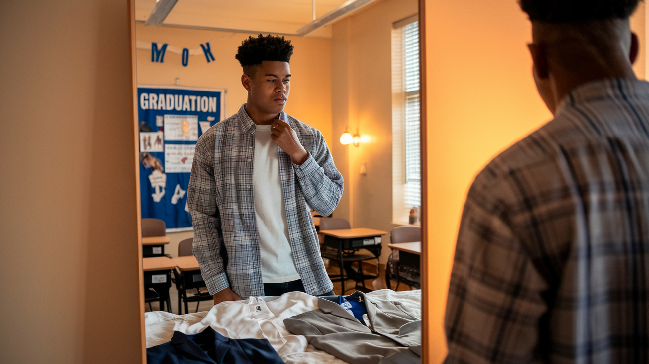 Create a realistic image of a young Black male college student standing thoughtfully in front of a mirror, trying on a semi-formal outfit for a farewell event, with several clothing options laid out on the bed, showing a classroom graduation banner visible in the background, warm indoor lighting creating a contemplative mood.