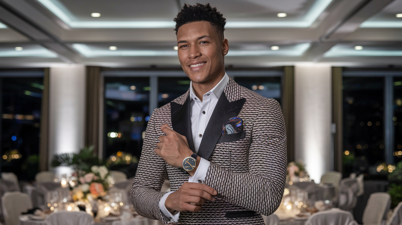 Create a realistic image of a confident young adult black male wearing a statement outfit for a farewell event, featuring a bold patterned blazer with contrasting pocket square, stylish cufflinks, and a unique watch, standing with a poised posture in a sophisticated event venue with soft evening lighting highlighting his confident smile and well-coordinated accessories.