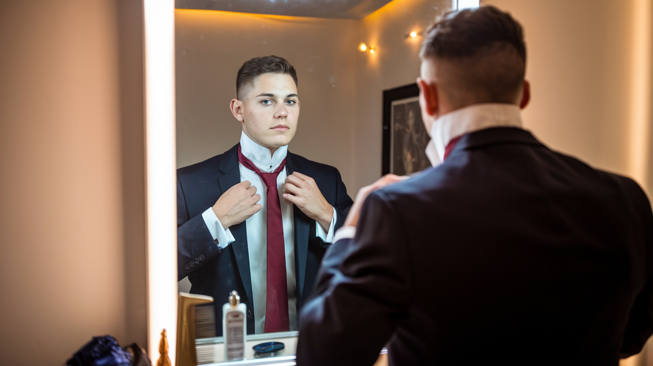 Create a realistic image of a young adult man (race not specified) standing in front of a mirror, adjusting his tie and adding final touches to his formal farewell outfit, with grooming products like cologne, hair gel, and a comb neatly arranged on a dresser nearby, subtle warm lighting creating an elegant atmosphere for the special occasion.
