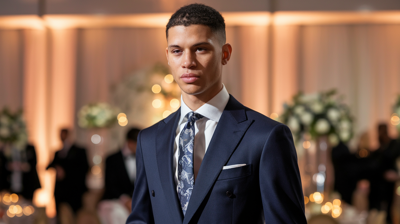 Create a realistic image of a stylish mixed-race male model wearing a well-fitted navy blue suit with a crisp white shirt and patterned tie, standing confidently in an elegant reception venue with soft, warm lighting, blurred guests mingling in the background, and subtle decorative elements suggesting a formal celebration atmosphere.