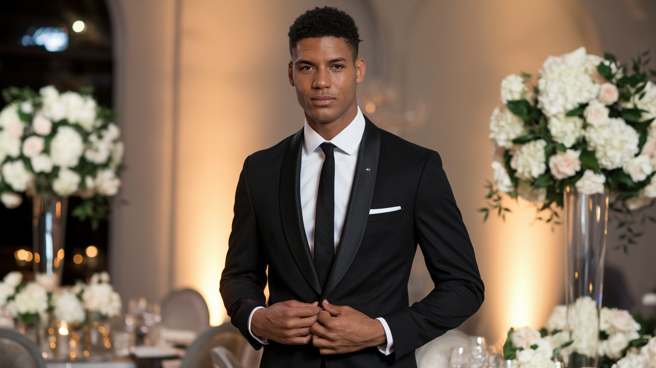 Create a realistic image of a handsome black male model wearing a well-tailored classic black suit with a white dress shirt and black tie, standing confidently at a wedding reception venue with soft ambient lighting, elegant table settings visible in the background, showcasing a timeless and sophisticated reception outfit option for men.