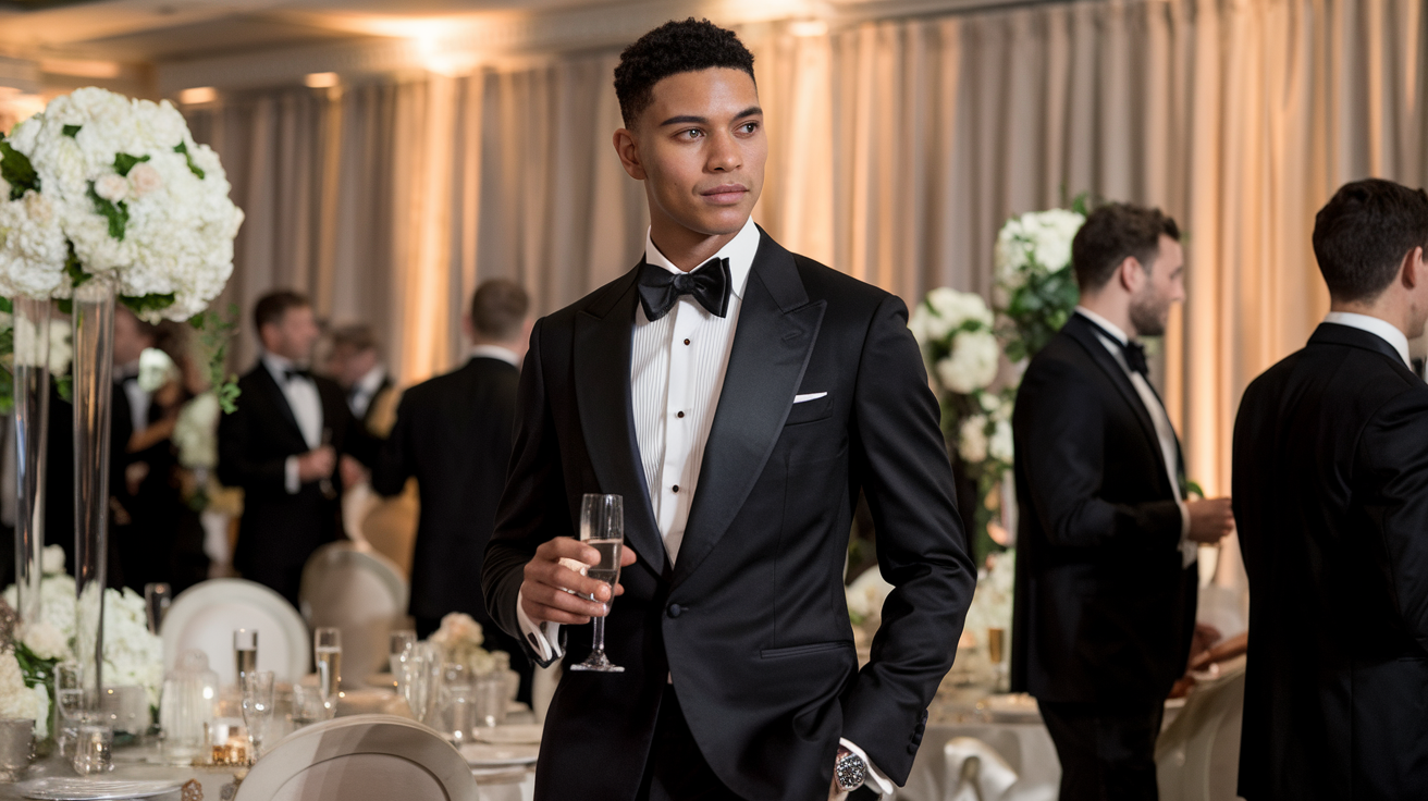 Create a realistic image of a handsome black male model wearing a classic black tuxedo with satin lapels, crisp white dress shirt, and black bow tie, standing confidently at an elegant wedding reception venue with soft ambient lighting, champagne glass in hand, polished dress shoes, with other formally dressed guests mingling in the background.
