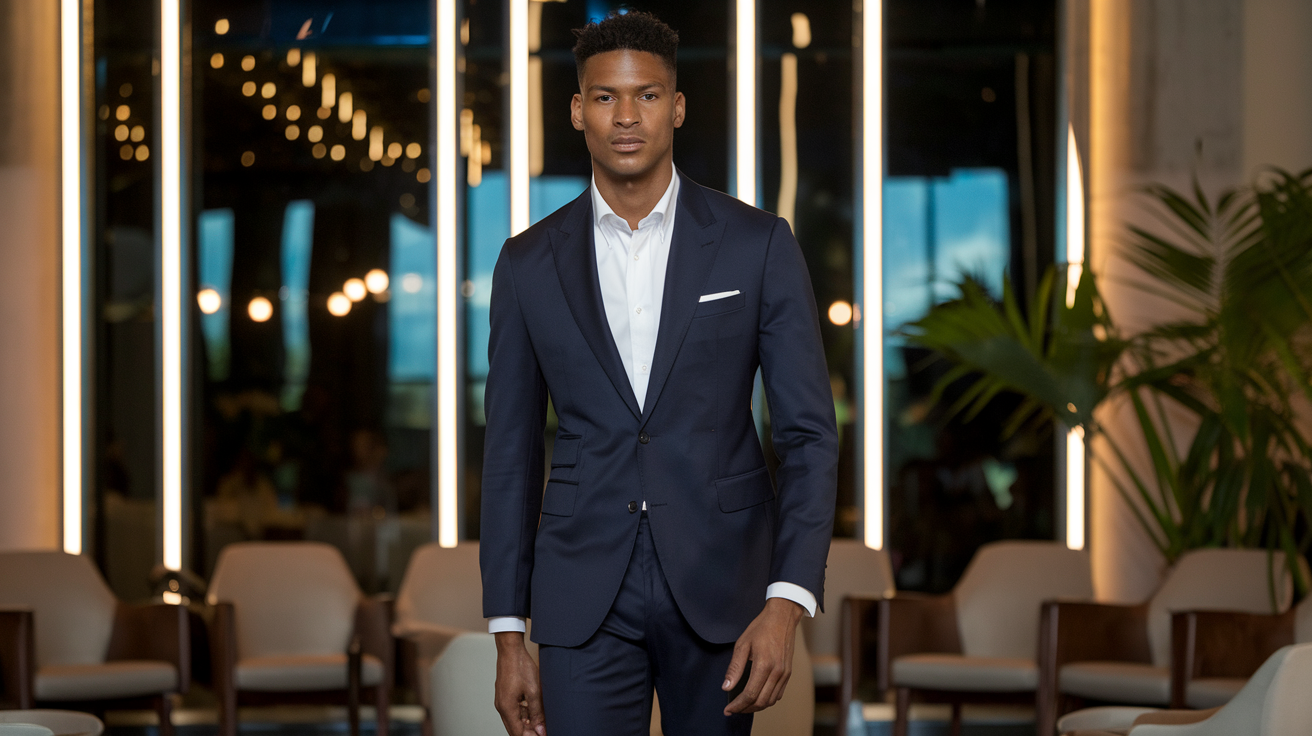 Create a realistic image of a stylish black male model wearing a modern navy blue slim-fit suit with a crisp white shirt and no tie, standing confidently in front of a contemporary reception venue setting with ambient lighting, highlighting current men's formal fashion trends for receptions.