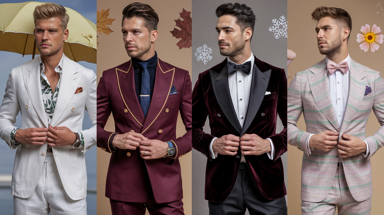 Create a realistic image of a stylish white male model showcasing four seasonal reception outfits side by side - a light linen suit for summer, a burgundy suit with gold accents for fall, a dark velvet blazer for winter, and a pastel suit for spring - all styled with appropriate accessories against a neutral background with subtle seasonal decorative elements.