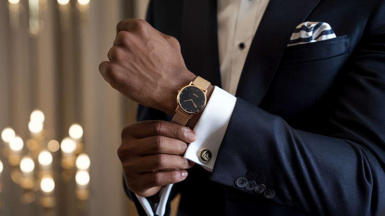 Create a realistic image of a well-dressed black male model's hands adjusting luxury accessories for a formal reception outfit, including a gold watch, cufflinks, and pocket square, with an elegant suit jacket visible in the background, soft indoor lighting creating a sophisticated ambiance, perfect for showcasing how to elevate a reception look with the right accessories.