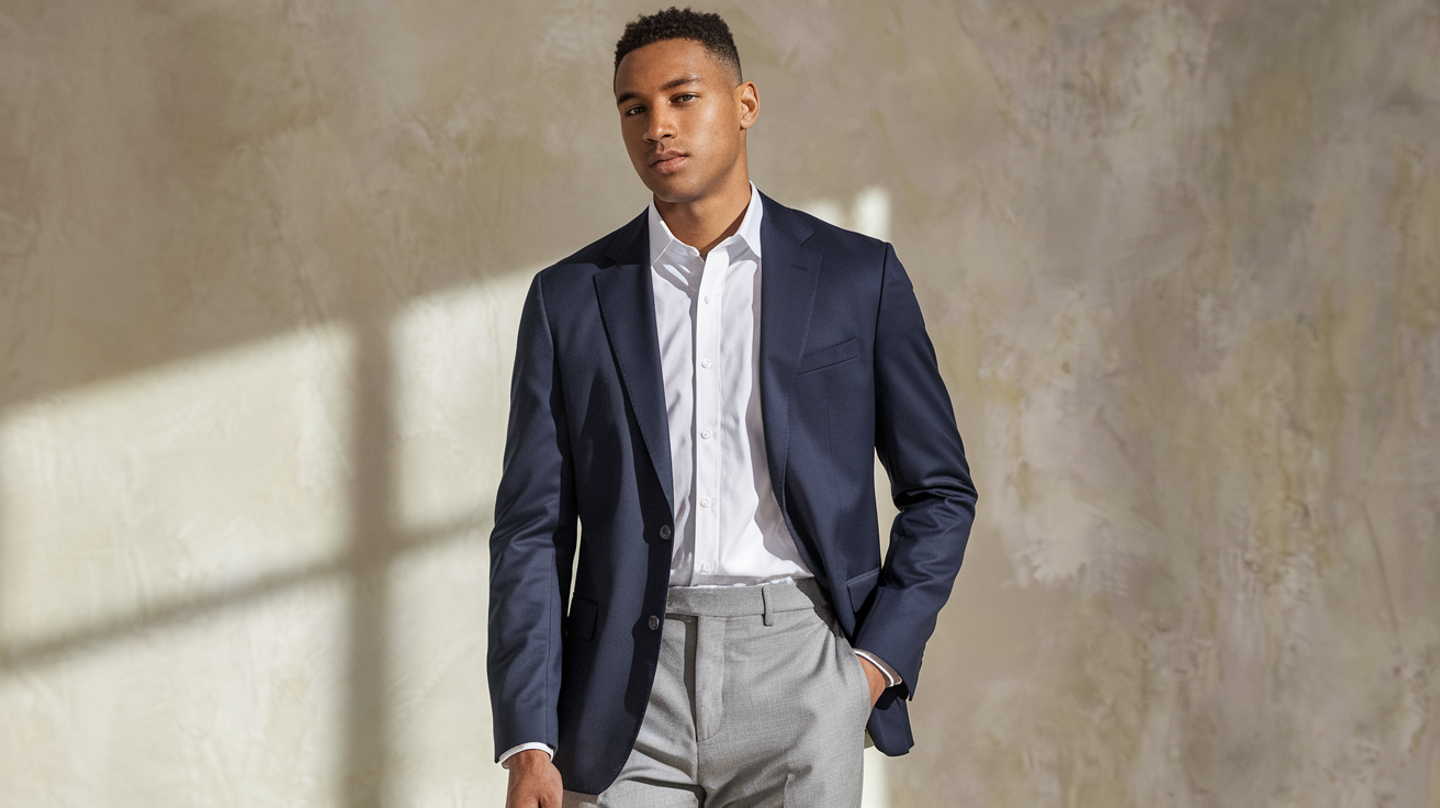 Create a realistic image of a young Black male model wearing a stylish yet affordable reception outfit consisting of a navy blue blazer, crisp white shirt, no tie, and tailored gray pants, standing confidently against a neutral background with soft lighting highlighting the budget-friendly ensemble's clean lines and proper fit.