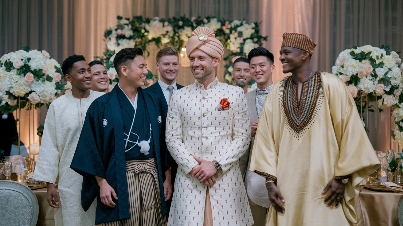 Create a realistic image of a diverse group of men at a cultural wedding reception, featuring a white man in a traditional Indian sherwani, a black man in a Japanese hakama and haori, and an Asian man in a stylish African dashiki, all standing together smiling, with elegant themed reception decorations in the background, soft ambient lighting creating a celebratory atmosphere.